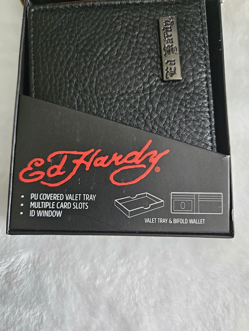 Ed Hardy Black Pebbled Leather Bi-Fold Wallet With Gift Case